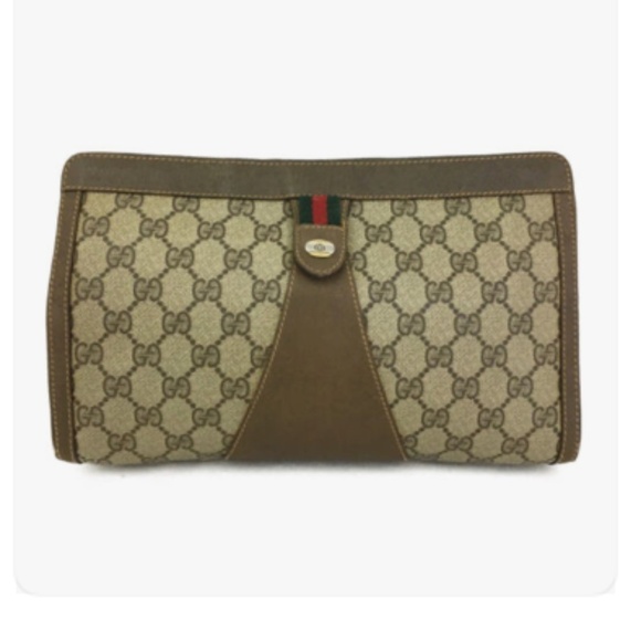 Authentic GUCCI Beige GG Logo Vintage Canvas Webbing Clutch - Picture 1 of 5